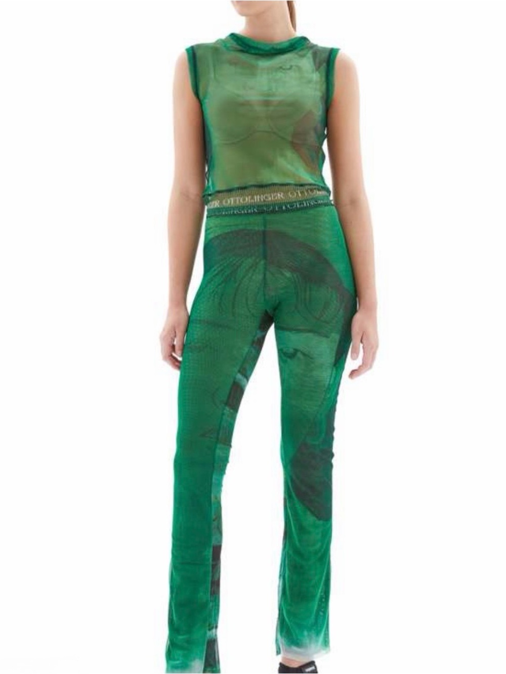 Sheer Green Mesh Wide-Leg Jumpsuit